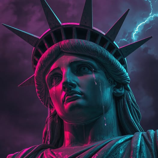 A stylized, dramatic image of the Statue of Liberty with neon pink and blue lighting, tears streaming down her face against…