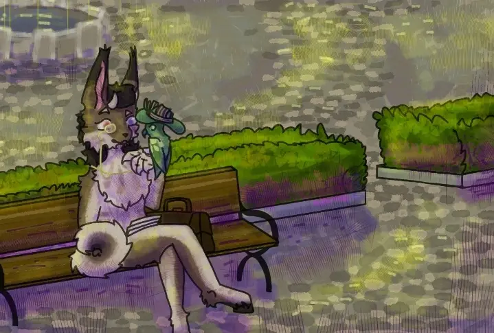 An anthropomorphic canine character with a fluffy white tail and a green hat sits on a park bench, holding a small green…