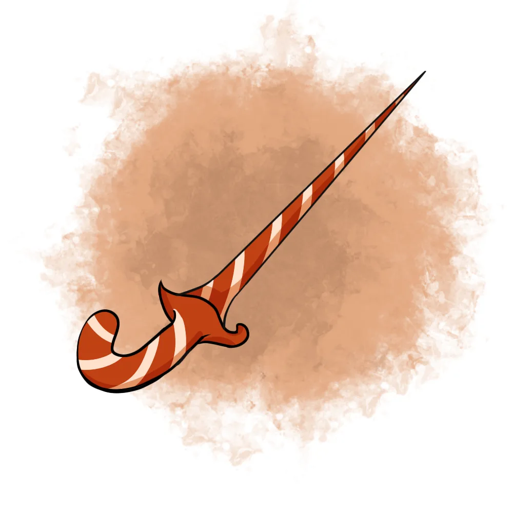 A cartoon-style sword with a candy cane pattern of red and white stripes, set against a textured beige circular background…
