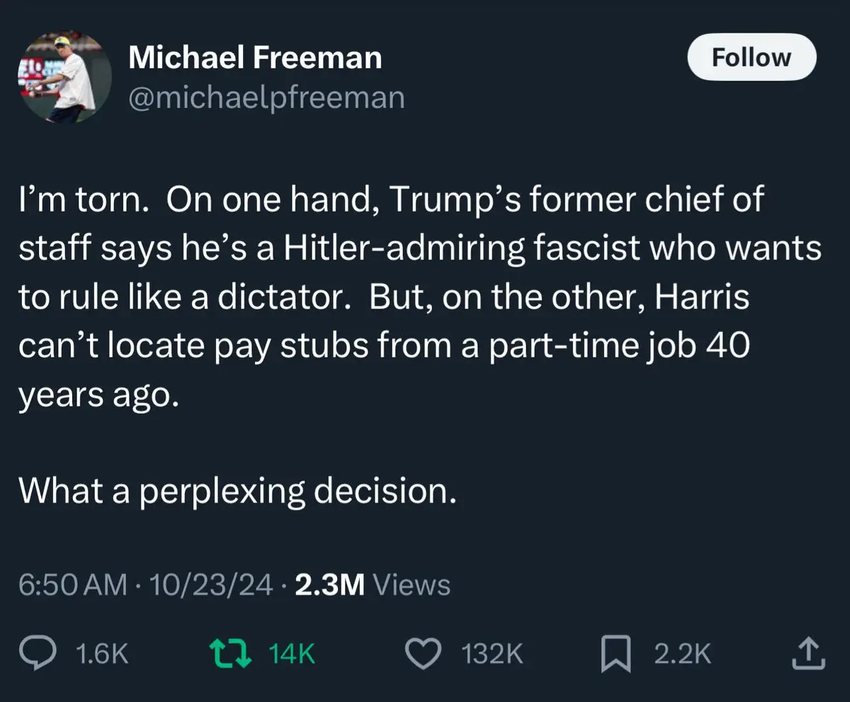 A screenshot of a tweet by Michael Freeman showing a dark-themed interface with white text. The tweet presents a humorous…