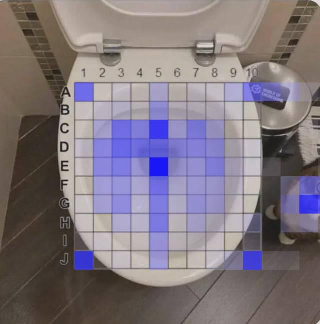 a top-down photo of a white toilet with the lid open, overlaid with a grid labeled A-J vertically and 1-10 horizontally…