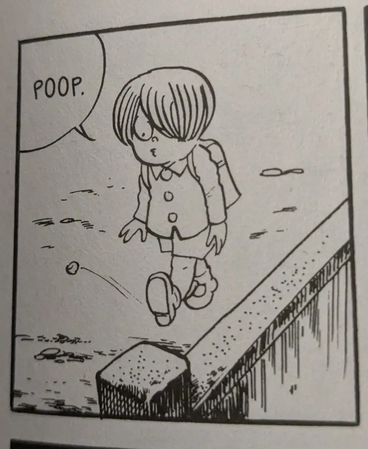 A black-and-white cartoon depicts a child in a school uniform walking along a ledge, with a speech bubble above their head…