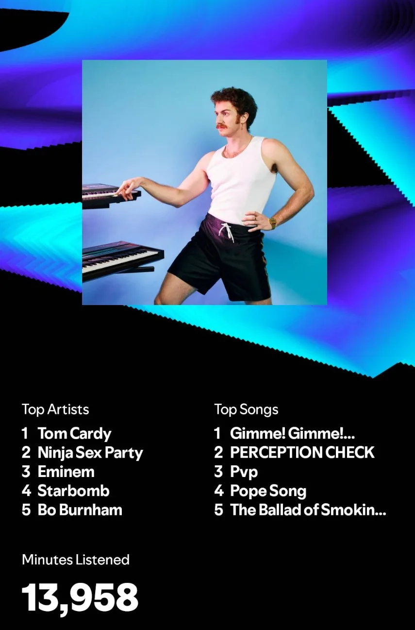 A man with a mustache in a white tank top and black shorts poses next to keyboards against a blue background, overlaid with…