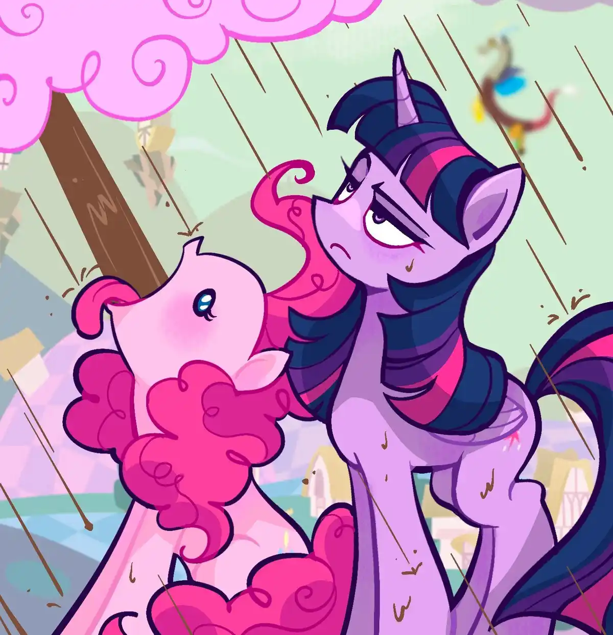 In a cartoon rainstorm, a pink pony with curly hair looks up at a purple pony with a dark mane and horn, who has a tear on…