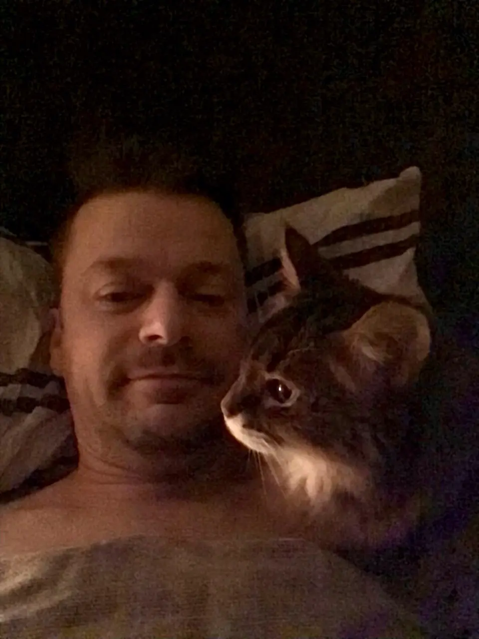 A man lies in bed in a dimly lit room, eyes closed with a serene expression, while a tabby cat rests its head near his…