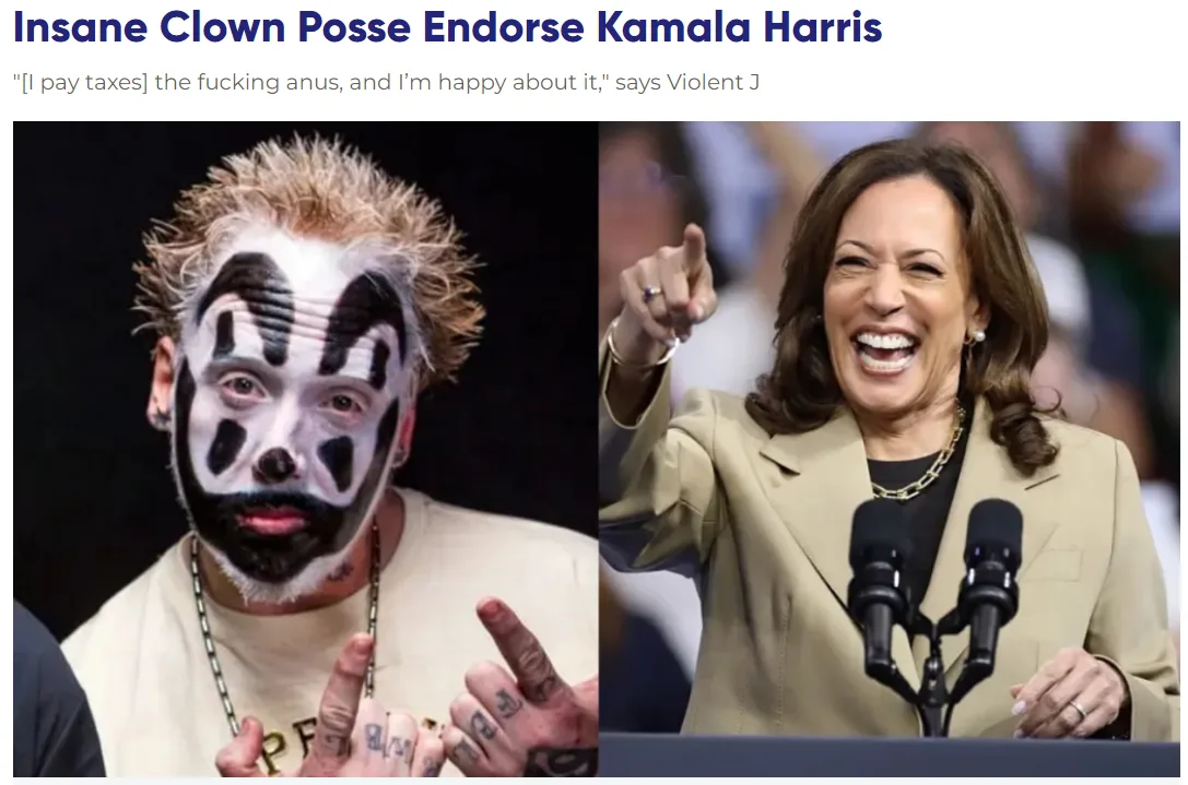 The image displays a split-screen: on the left, rapper Violent J with his signature clown makeup and tattoos, making a hand…