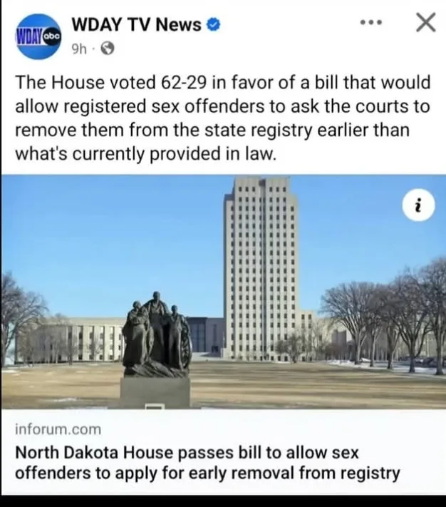 A screenshot of a WDAY TV News Facebook post shows a news headline about a North Dakota House bill allowing sex offenders to…