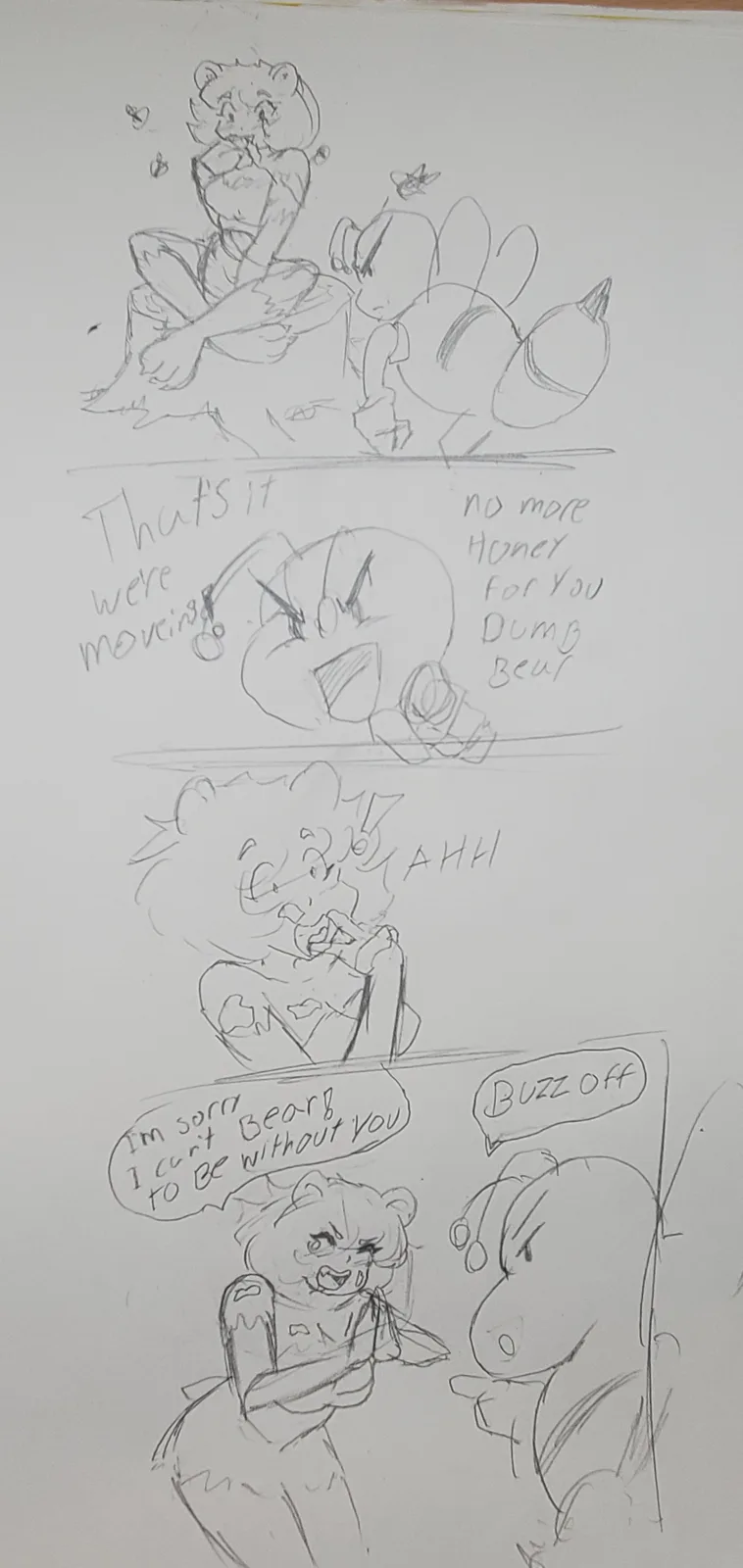 A hand-drawn comic strip with four panels showing an angry bee character yelling at a bear character. In the first panel…