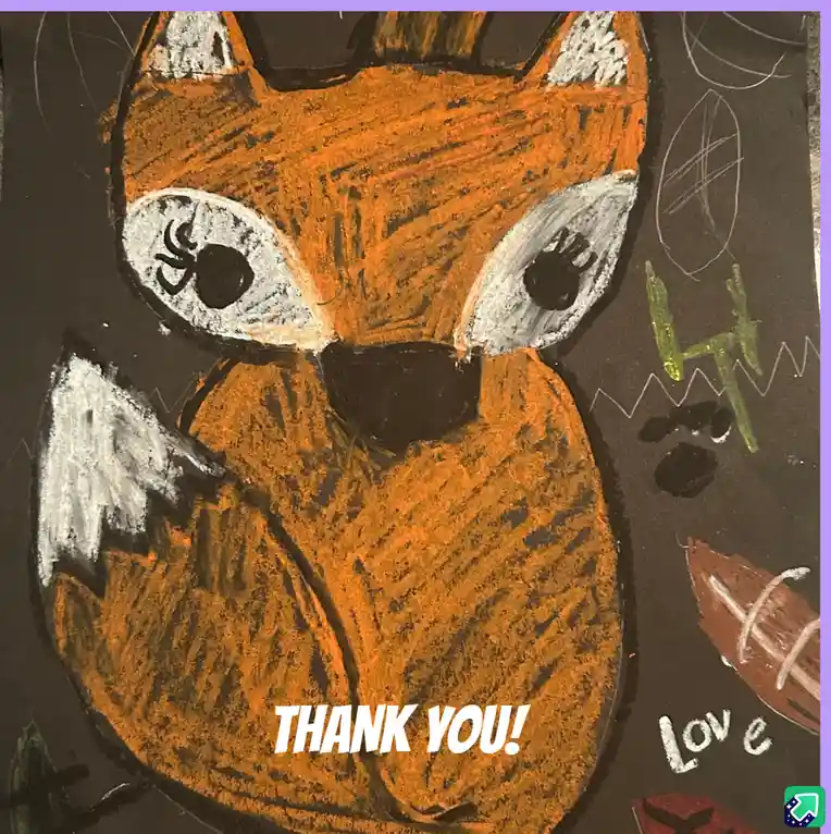A child's crayon drawing of an orange fox with large white eyes containing black spiders, set against a dark background with…