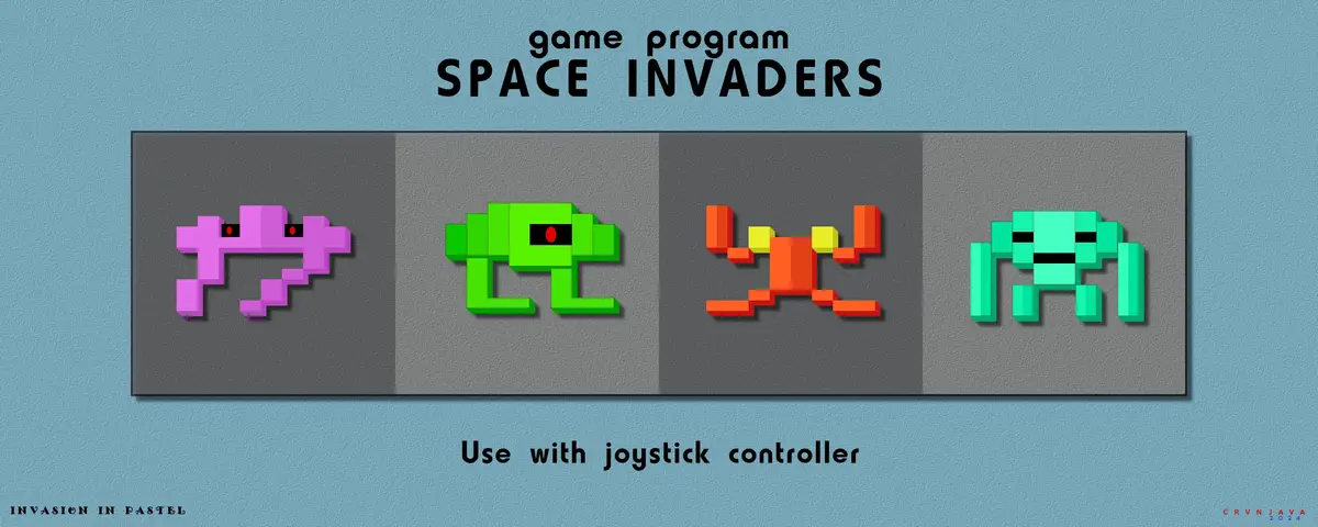 The image displays four pixelated alien characters from the classic arcade game Space Invaders, rendered in soft pastel…