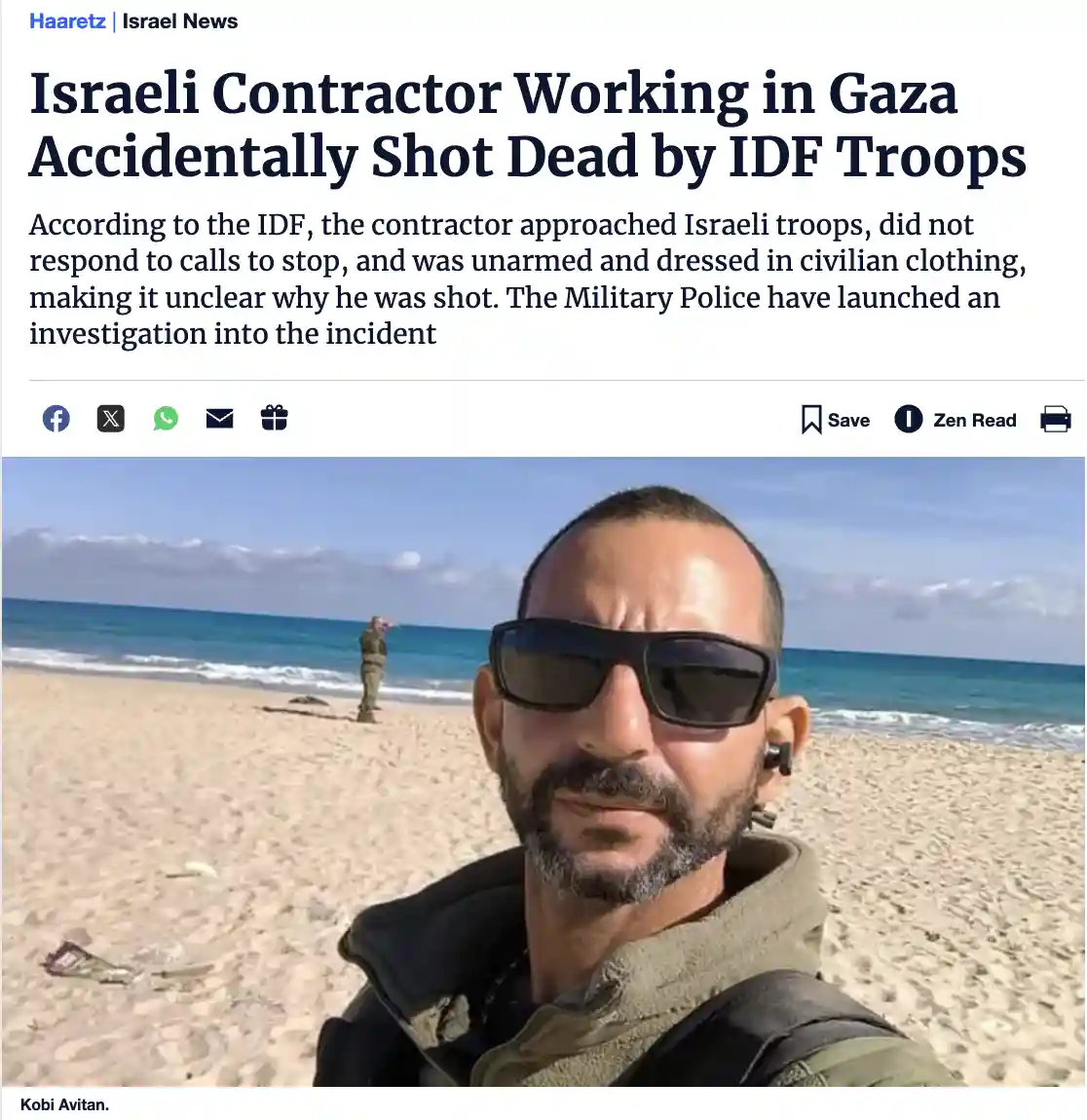 A screenshot of a Haaretz news article shows a man taking a selfie on a beach, with another person in military uniform…