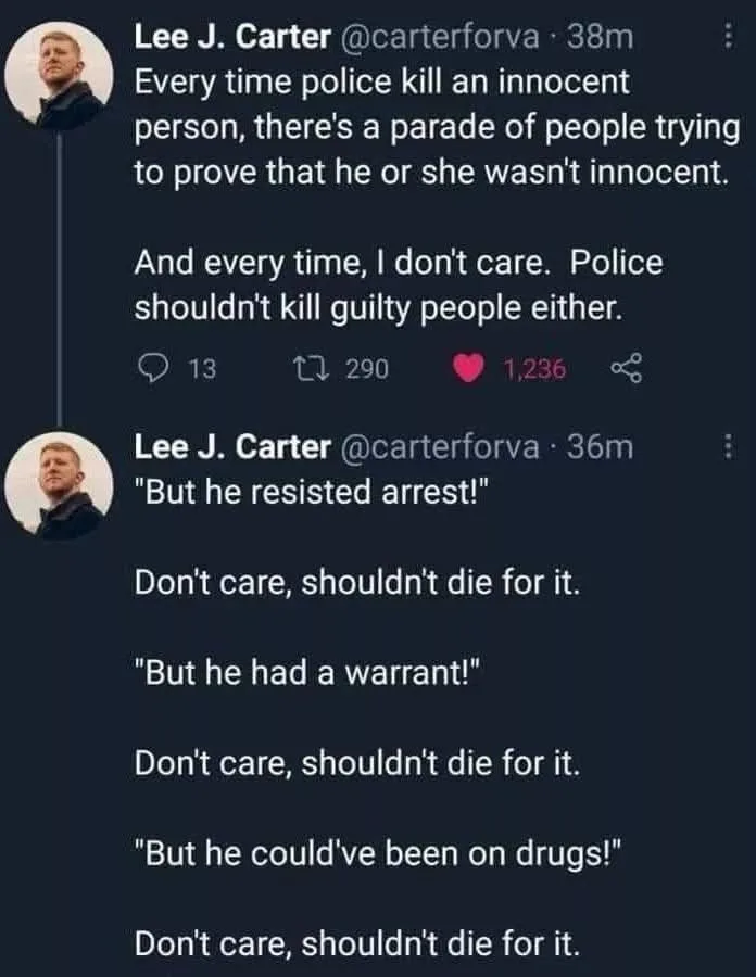 A screenshot of a Twitter thread by Lee J. Carter showing a sarcastic defense of police killings. The thread argues that…