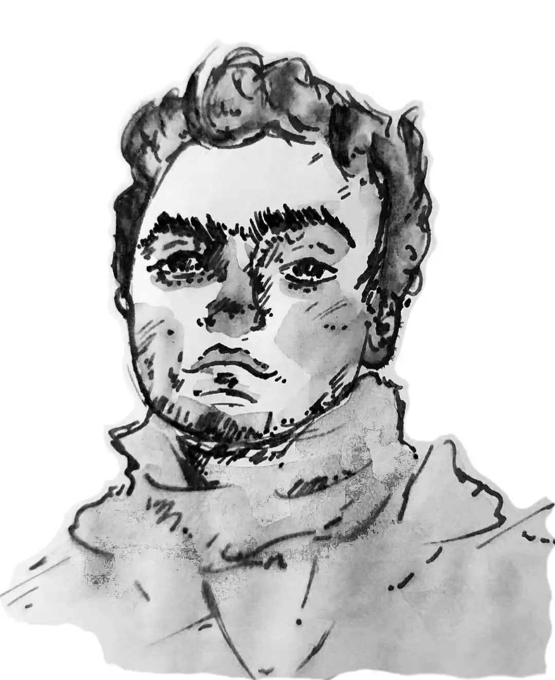 A black-and-white sketch of a man with curly hair and a beard, looking directly at the viewer with a neutral expression. The…