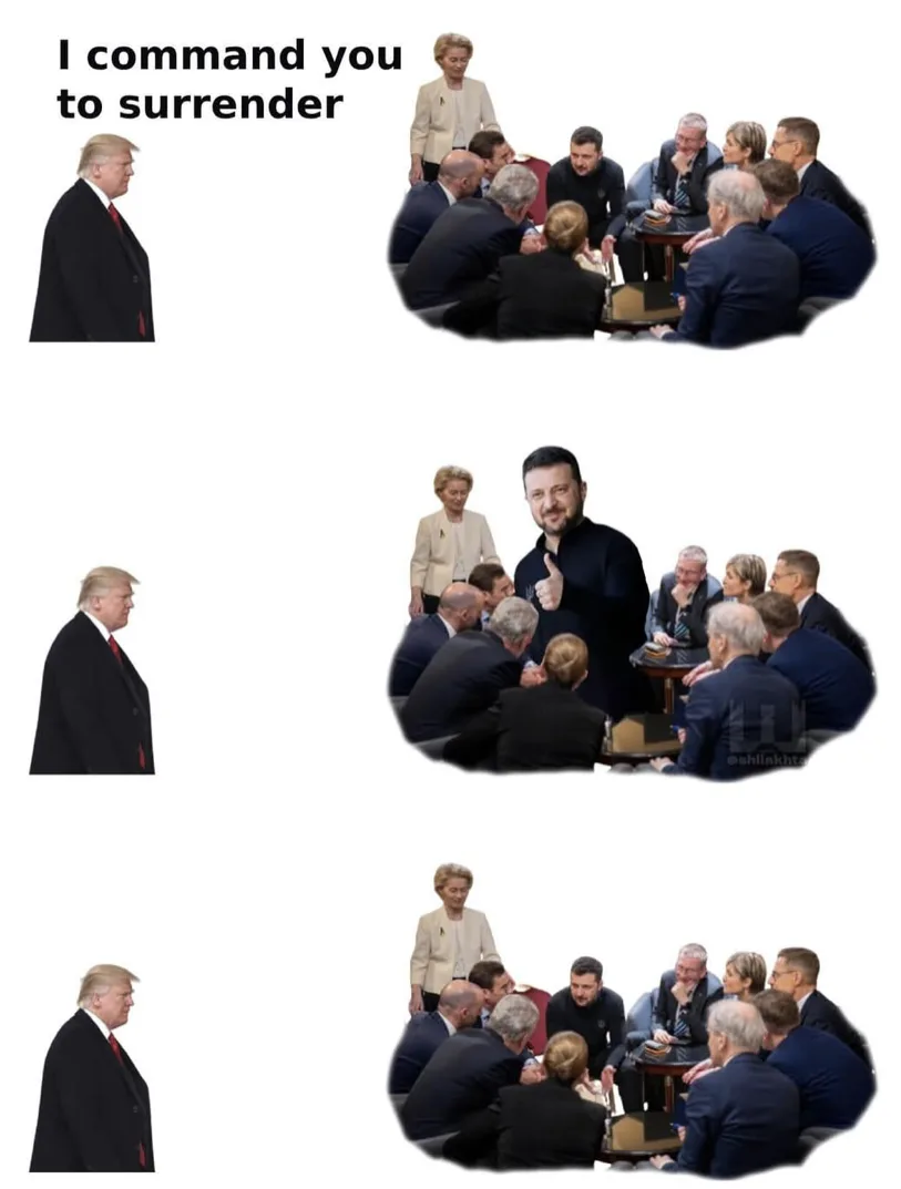 The image is a three-panel meme. The left panel shows Donald Trump in a black suit, looking away. The right panel shows a…