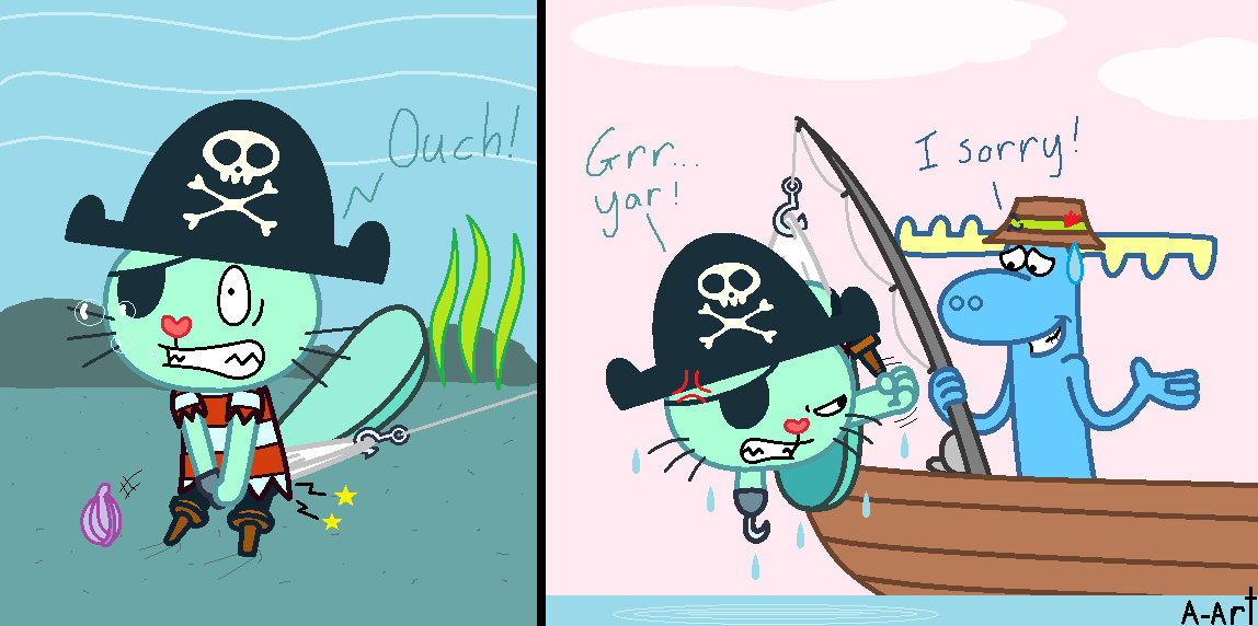 A two-panel cartoon shows a green pirate cat getting hooked by a fishing line in the first panel, exclaiming 'Ouch!'. In the…