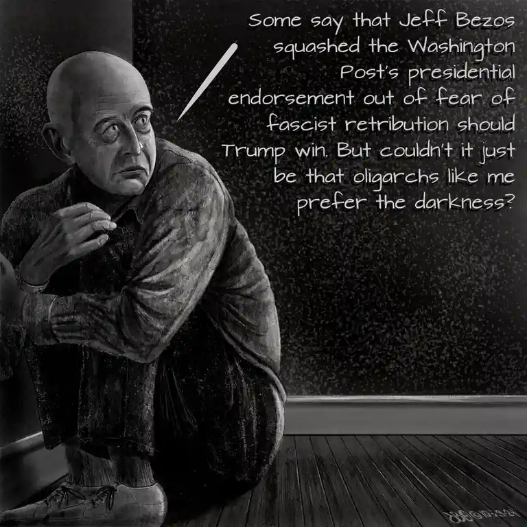 A black-and-white illustration shows a bald man in a dark robe sitting in a corner, looking upward with a somber expression…