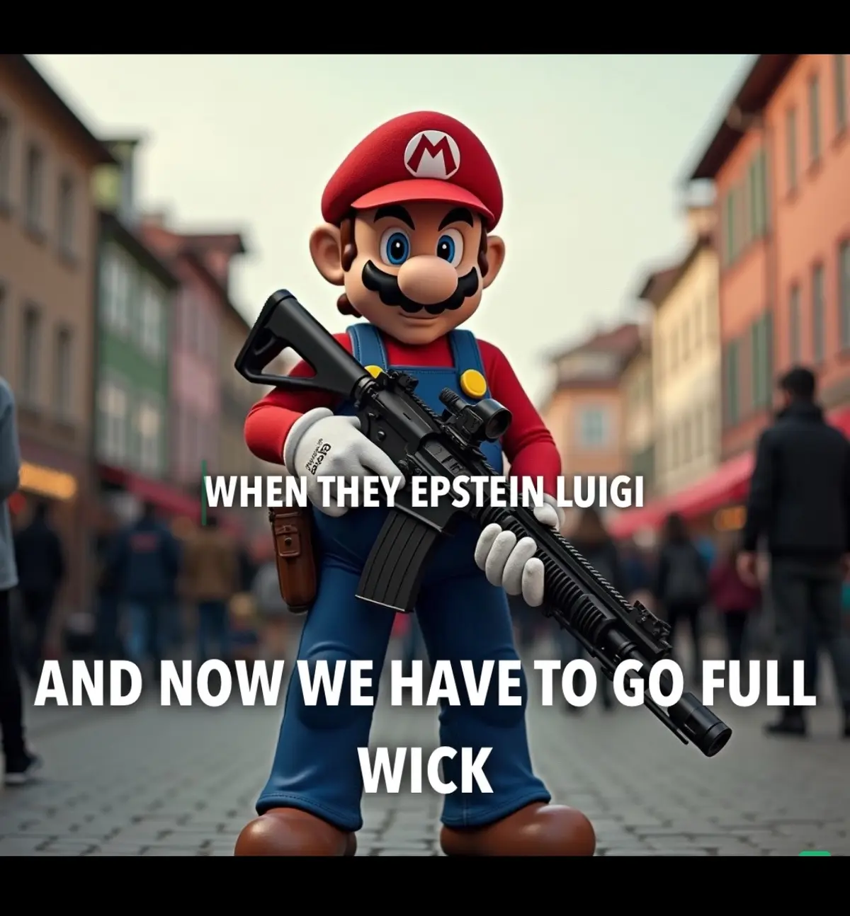 A digitally altered image shows the video game character Mario standing in a European-style street, holding a modern assault…