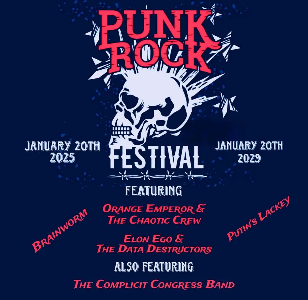 A punk rock festival poster with a skull and stars, showing two dates: January 20th, 2025, and January 20th, 2029. The…