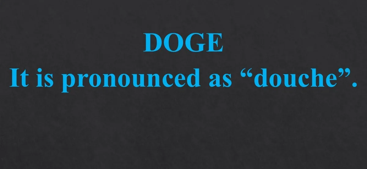 The image displays bold blue text on a dark gray textured background. The top line reads 'DOGE' and the bottom line reads…