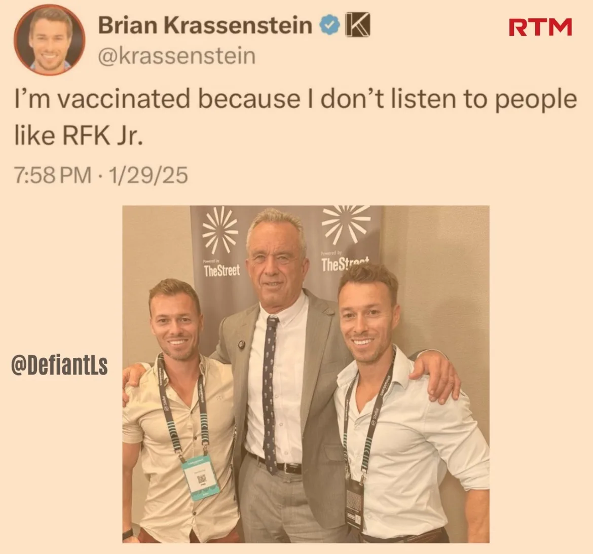 A screenshot of a tweet by Brian Krassenstein shows a photo of three men posing together at an event with 'Powered by…