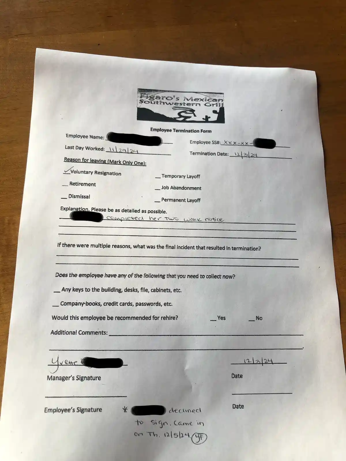 A termination form from 'Figaro's Mexican Southwestern Grill' shows 'Voluntary Resignation' checked, with the explanation…