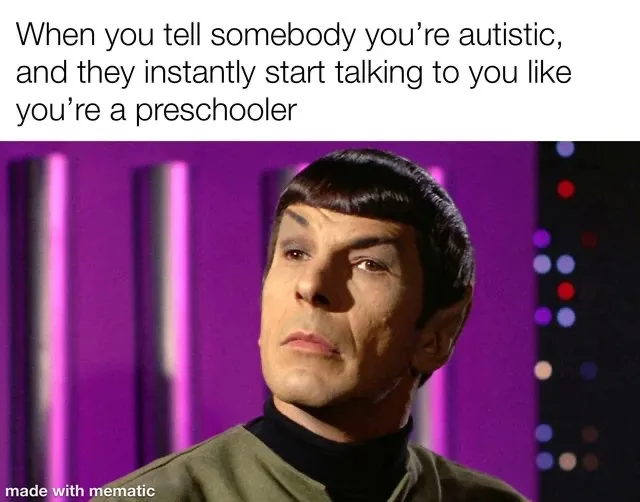 A still image of Spock from Star Trek, looking skeptical and slightly annoyed, set against a purple background with vertical…