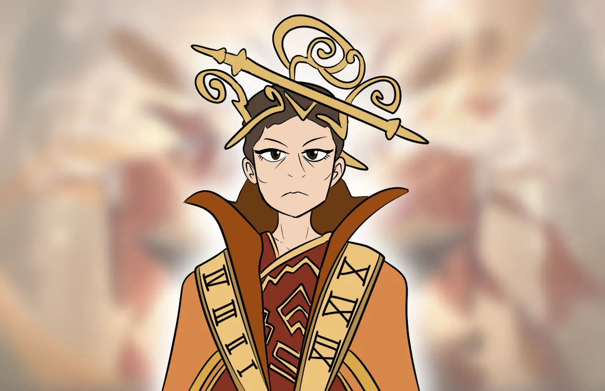 An anime-style character with a stern expression wears an ornate golden crown shaped like a sword balanced on their head…