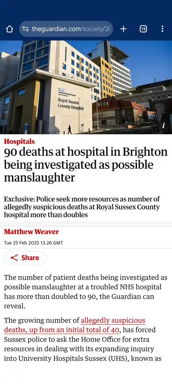 A screenshot of a The Guardian article headline showing '90 deaths at hospital in Brighton being investigated as possible…