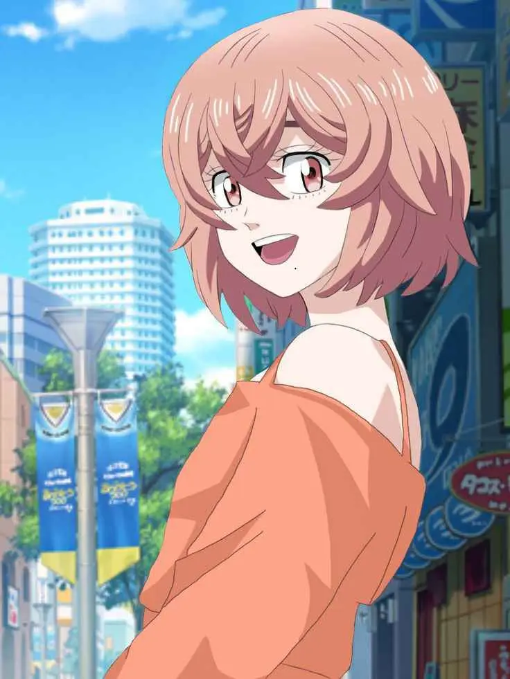 An anime girl with short pink hair and red eyes smiles while looking over her shoulder on a sunny city street with buildings…