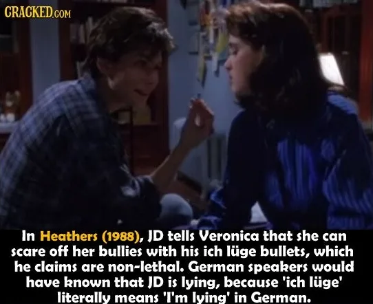 A still from the 1988 film 'Heathers' shows two characters in a close conversation. The man, JD, is holding a small object…