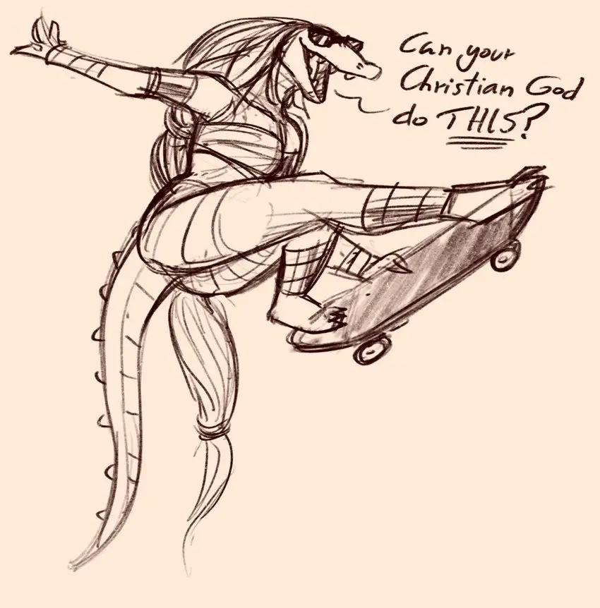A sketch of a humanoid alligator wearing sunglasses, performing a dynamic skateboarding trick with one foot on the board and…