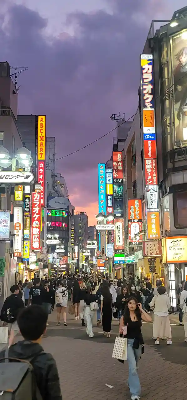 A crowded, neon-lit street in Japan at dusk, with numerous vertical signs in Japanese and English advertising karaoke…