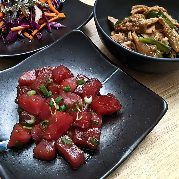 A Delicious Medley: Shoyu Ahi Poke with Kimchi and Salad