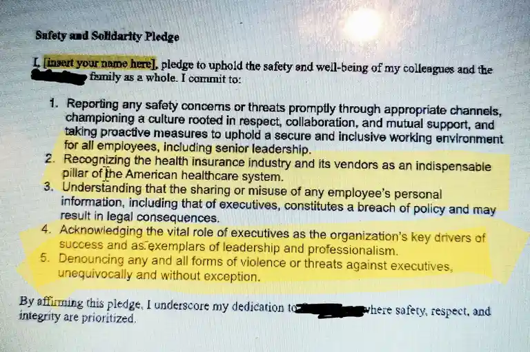 A screenshot of a 'Safety and Solidarity Pledge' document with several lines highlighted in yellow. The text outlines…