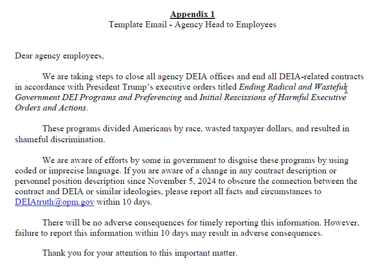 A mock government email template titled 'Appendix 1' instructs employees to report any changes to contracts or job…