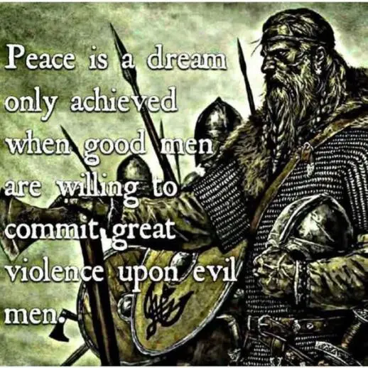 A sepia-toned illustration depicts a stern, bearded warrior in chainmail and fur-trimmed armor, holding a spear and shield…