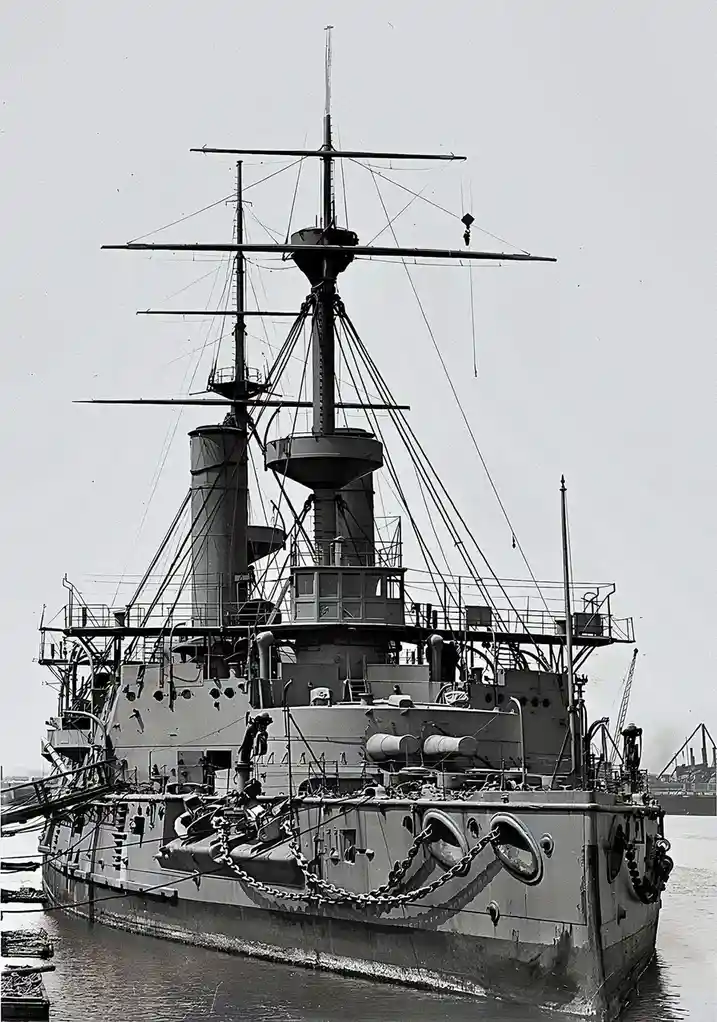 A black-and-white photograph shows the stern of a large, early 20th-century battleship docked in a harbor, featuring…