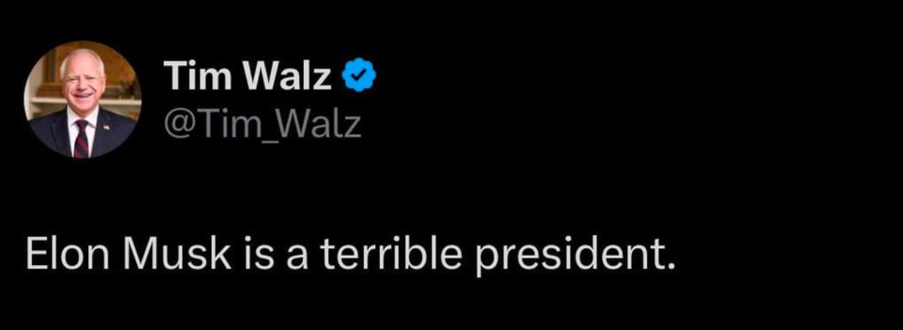 A screenshot of a Twitter post by verified user Tim Walz (@Tim_Walz), showing his profile picture and the text 'Elon Musk is…