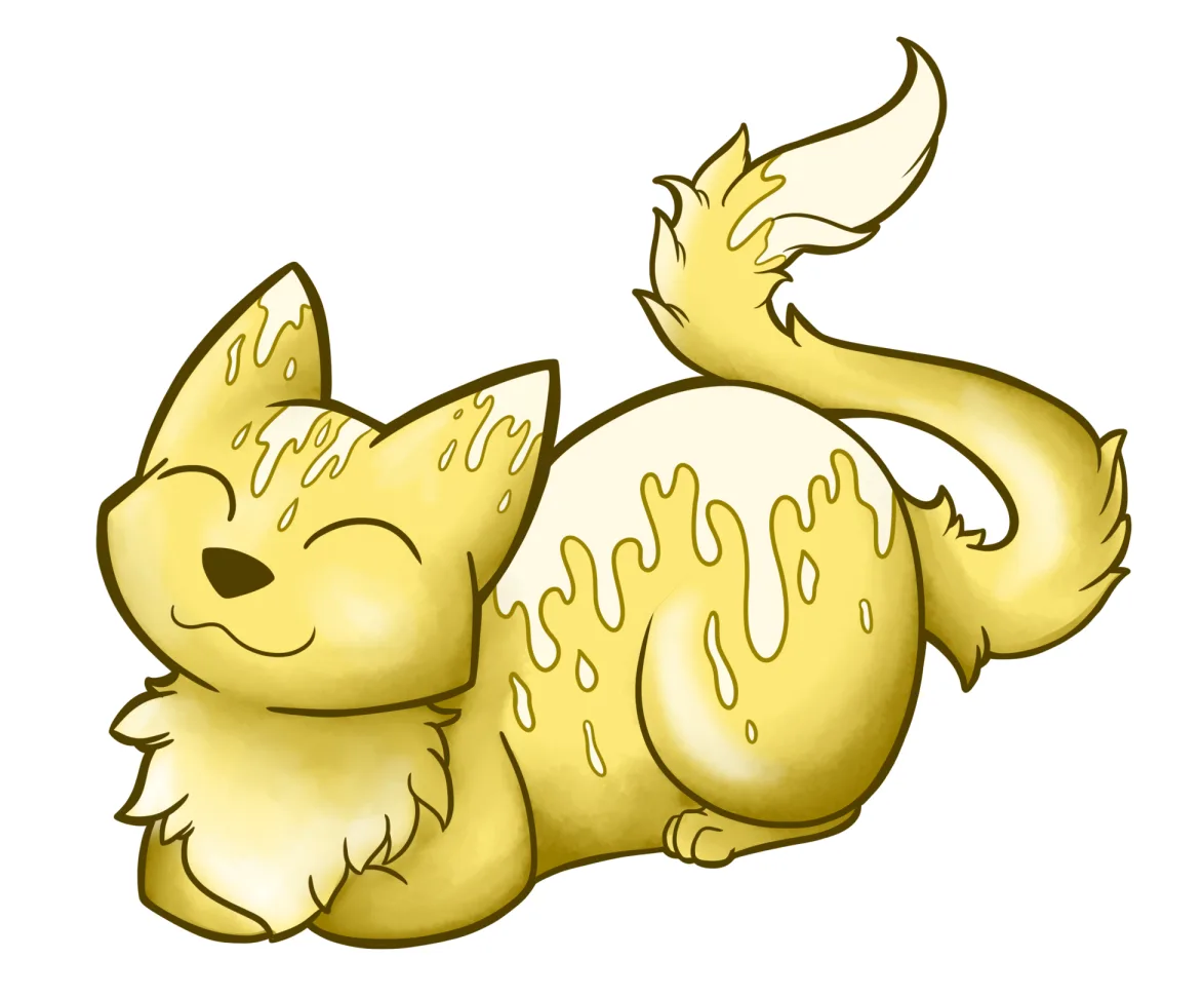 A cartoon cat with a fluffy, golden-yellow coat is lying down with its eyes closed in contentment, covered in dripping honey…