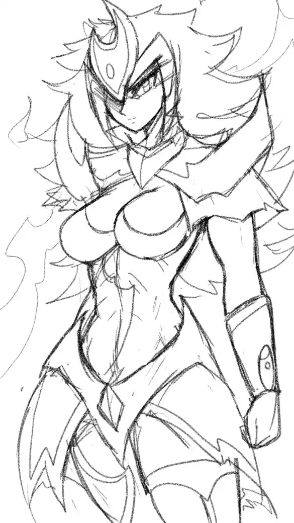 A black-and-white sketch of a female anime-style character with spiky hair, a helmet-like headpiece, and a revealing outfit…