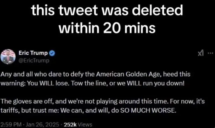 A screenshot of a tweet from Eric Trump's Twitter account, which reads: 'Any and all who dare to defy the American Golden…