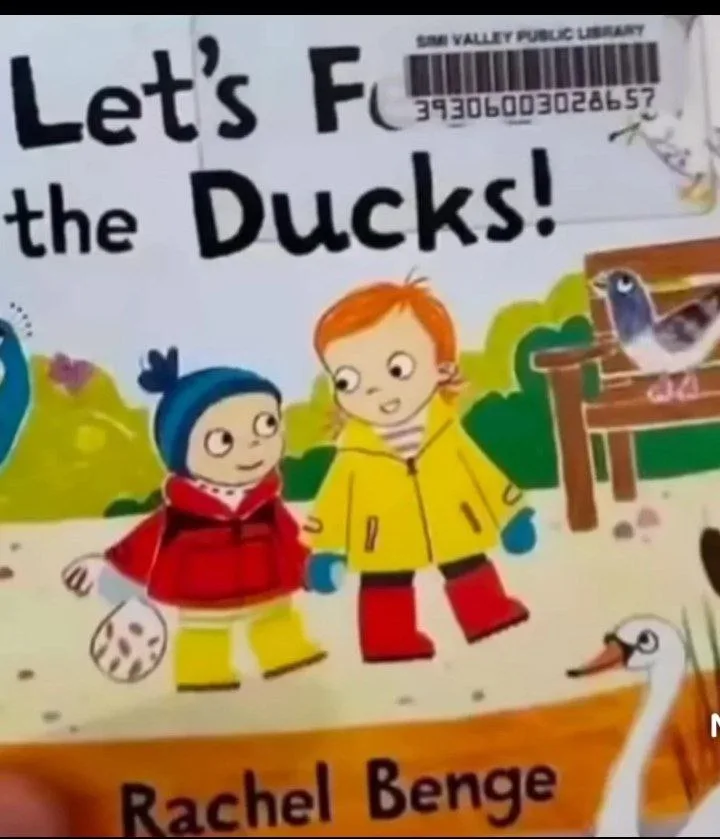 A close-up of a children's book cover titled 'Let's F the Ducks!' by Rachel Benge, showing two cartoon children in rain…