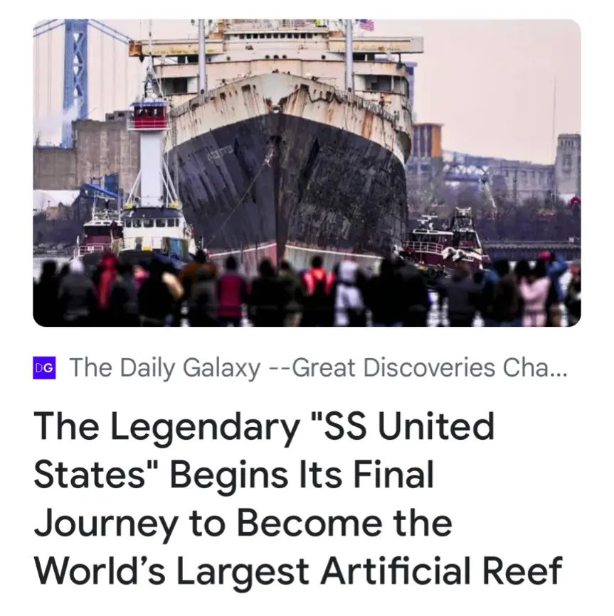 A large, rusted ship, identified as the SS United States, is shown in a harbor with tugboats and a crowd of people watching…