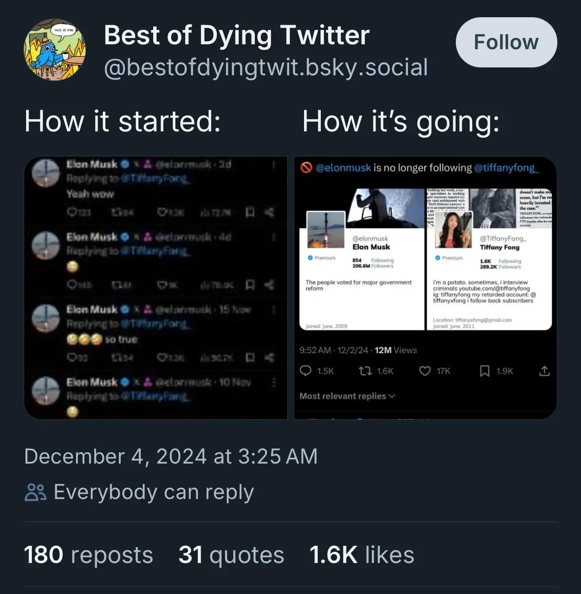 A Twitter post from 'Best of Dying Twitter' compares two screenshots: the left shows Elon Musk repeatedly replying with…