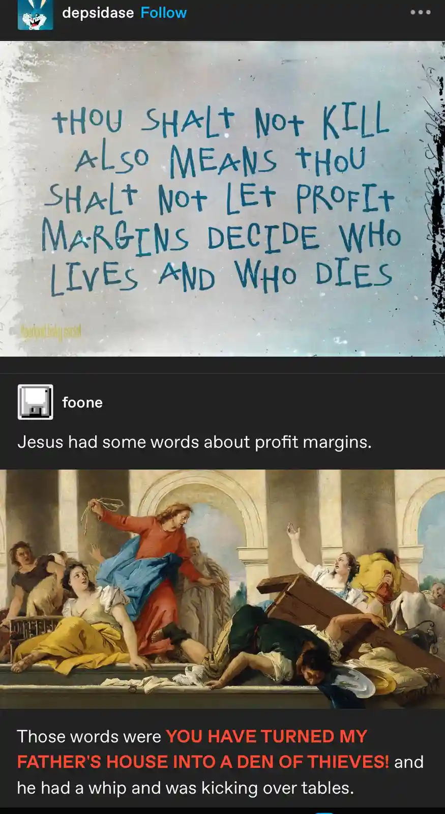 The image features a classical painting of Jesus overturning tables in a temple, overlaid with text. The top text reads…
