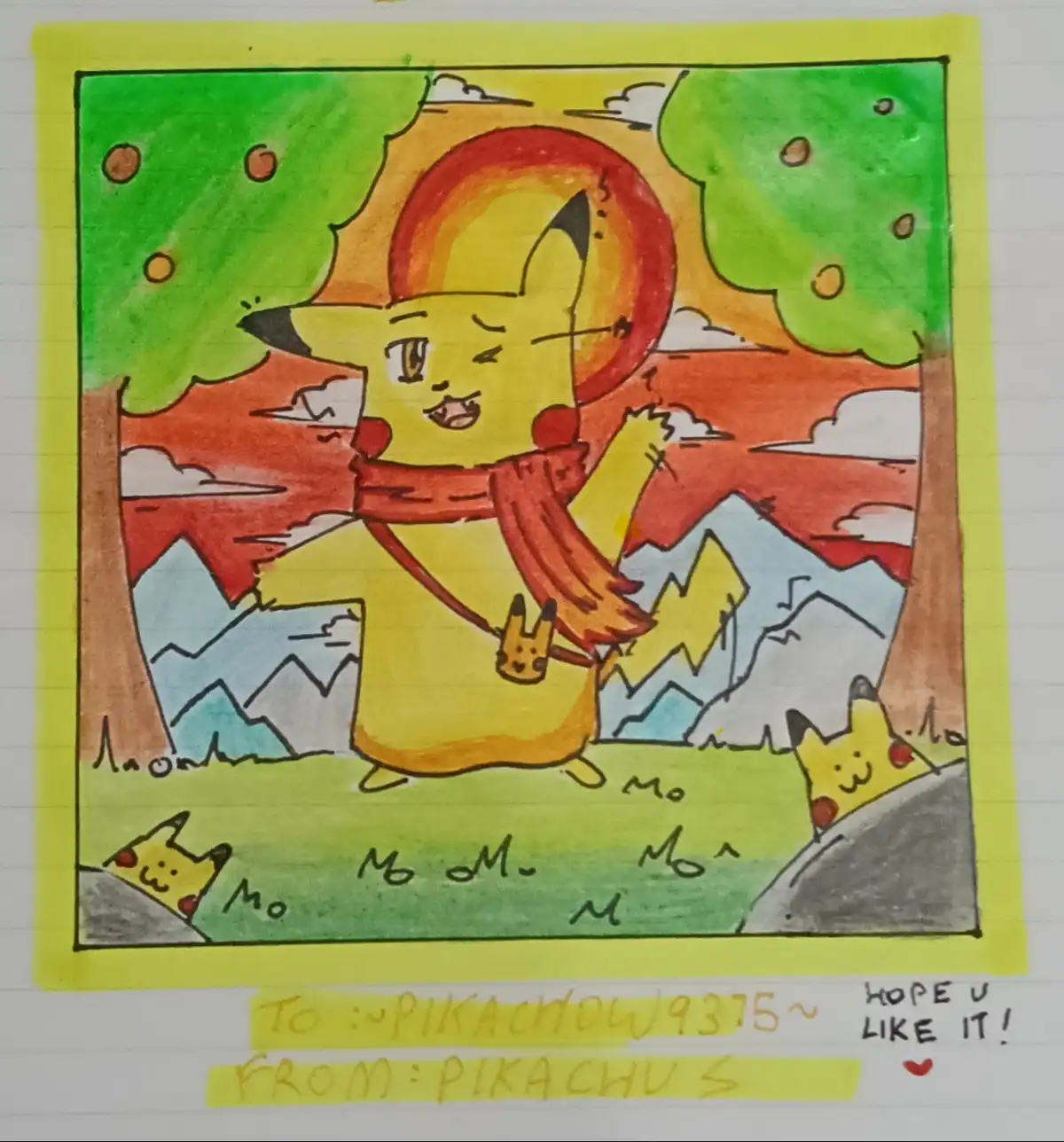 A hand-drawn cartoon depicts Pikachu wearing a red scarf and standing in a scenic landscape with mountains, trees, and a…