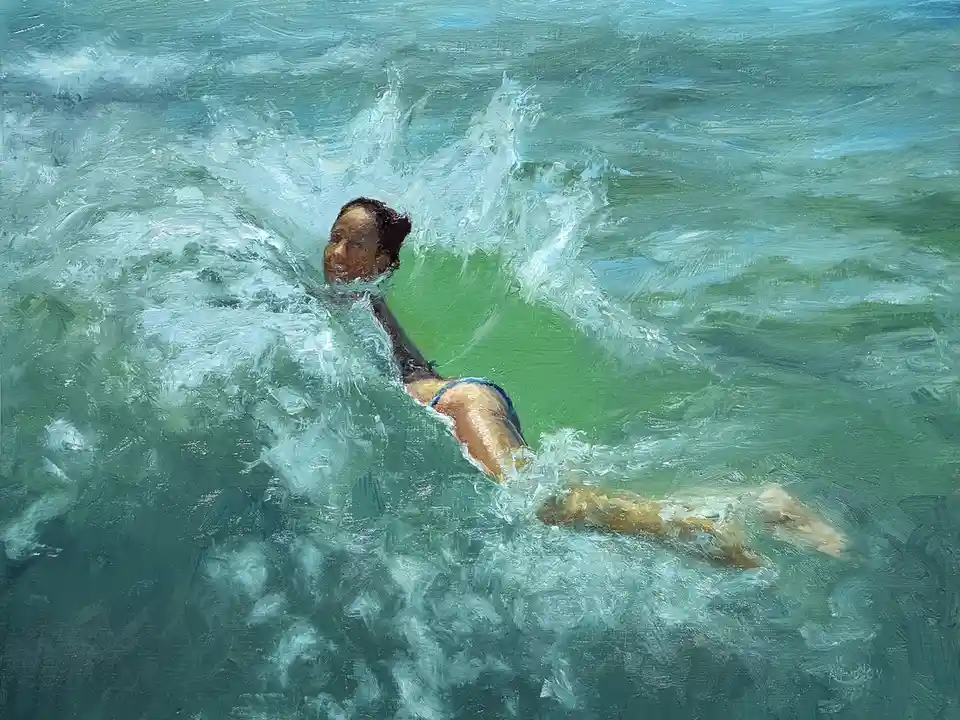 An oil painting depicts a person partially submerged in turbulent ocean waves, with only their head and shoulders visible…