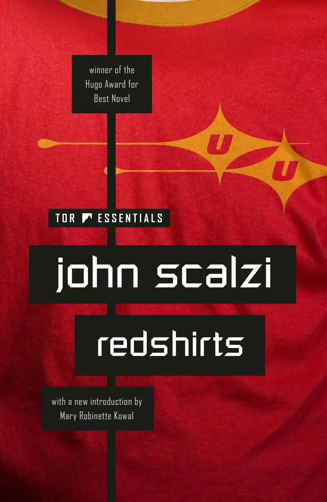 The image displays the cover of John Scalzi's book 'Redshirts' with a red t-shirt background featuring yellow starburst…