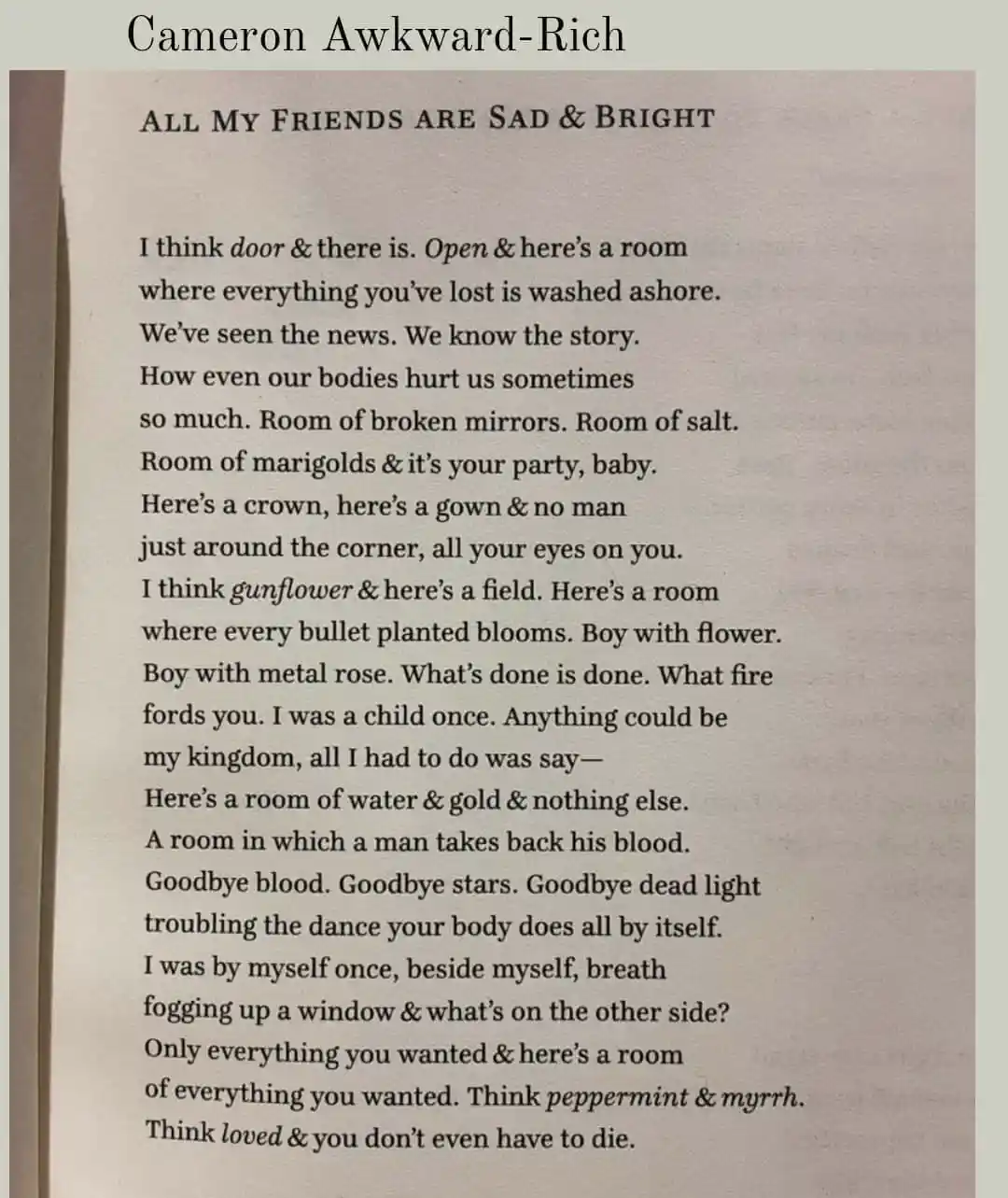 A close-up photo of a printed page with the title 'ALL MY FRIENDS ARE SAD & BRIGHT' and a poem by Cameron Awkward-Rich. The…