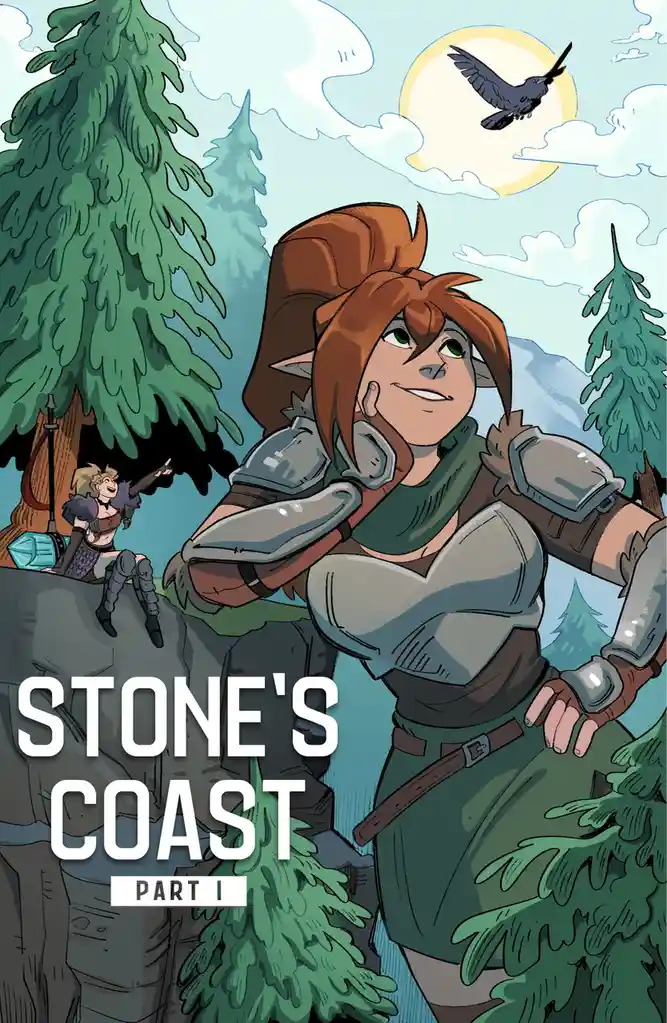 An illustrated fantasy scene shows a confident elf-like warrior with green eyes and brown hair, wearing armor and leaning…
